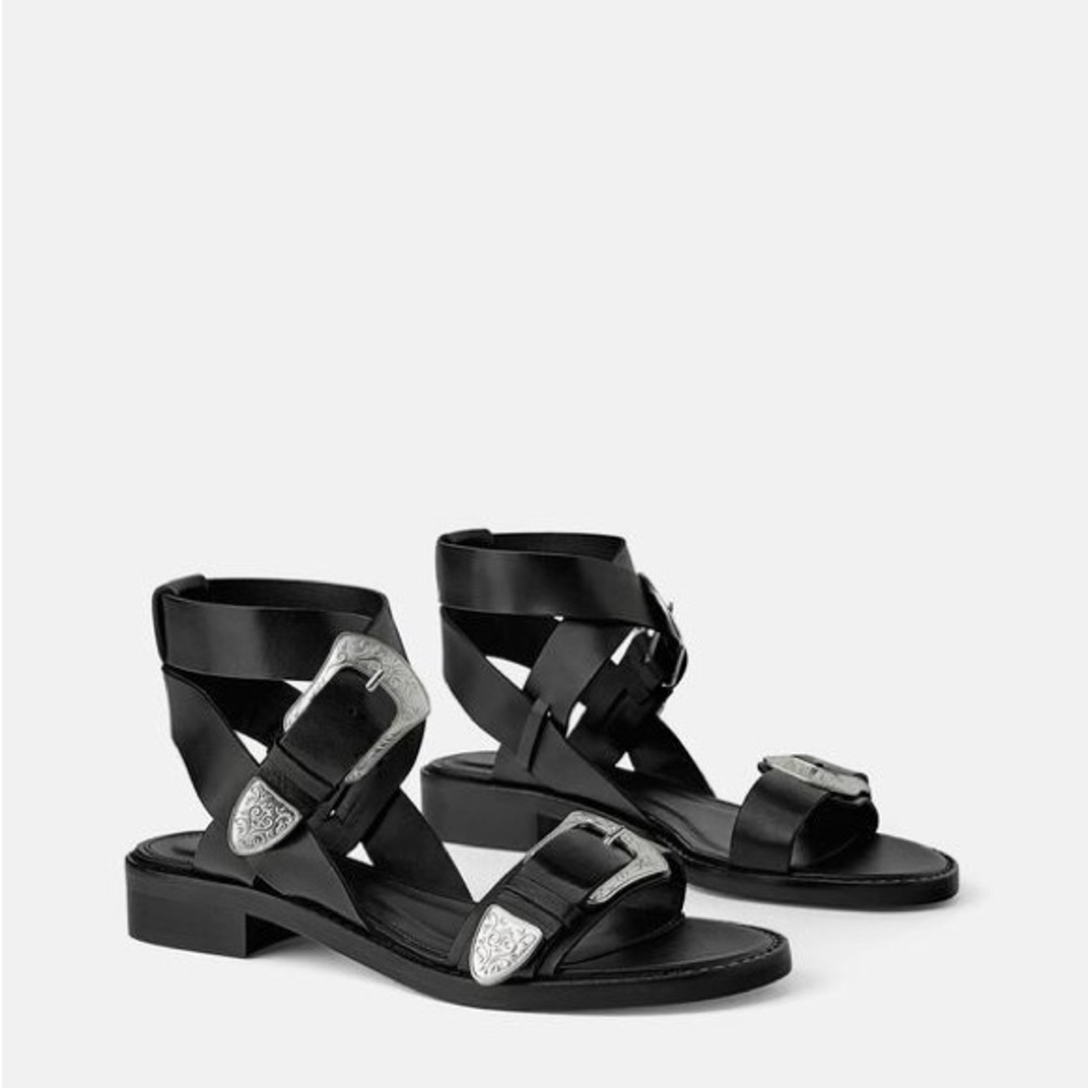 ZARA Black Leather Western Detail Ankle Strap Sandals Sz 7.5